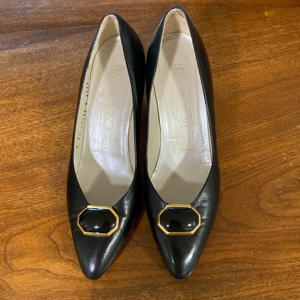 BRUNO MAGLI  7 1/2 Black Leather Pumps with Black & Gold Accents